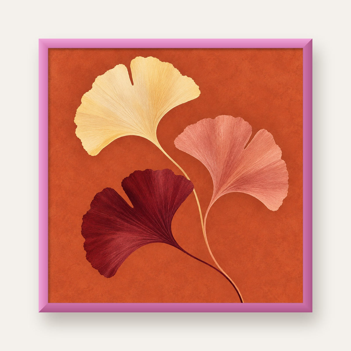 Terracotta Ginkgo Yaprakları Botanik Poster — pembe çerçeveli