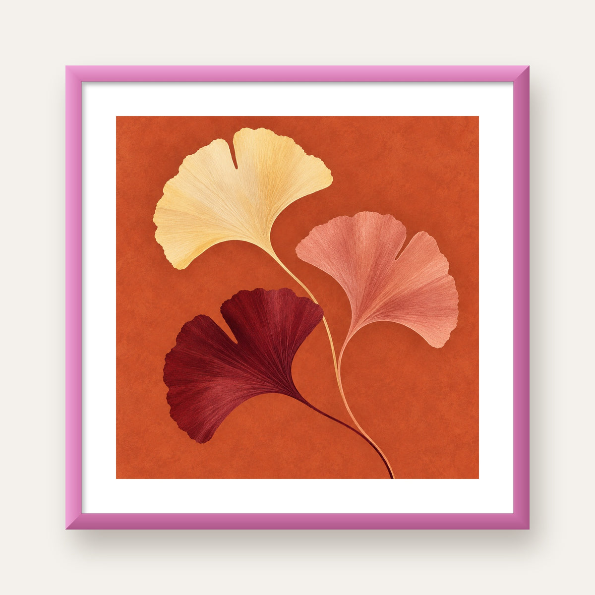Terracotta Ginkgo Yaprakları Botanik Poster — pembe çerçeveli paspartulu