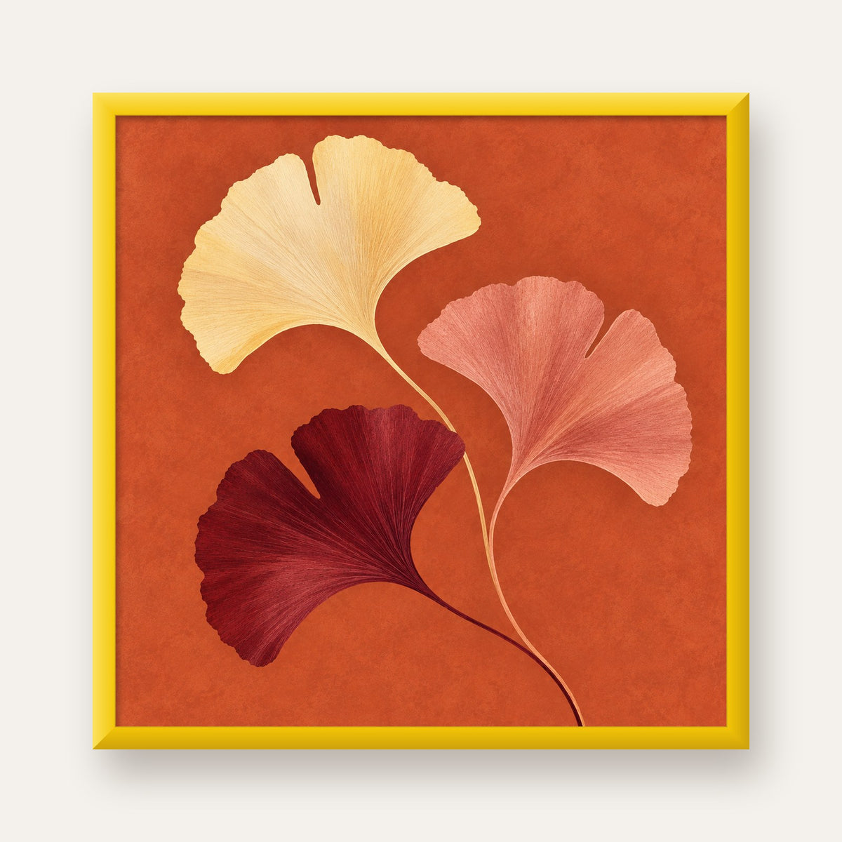 Terracotta Ginkgo Yaprakları Botanik Poster — sarı çerçeveli