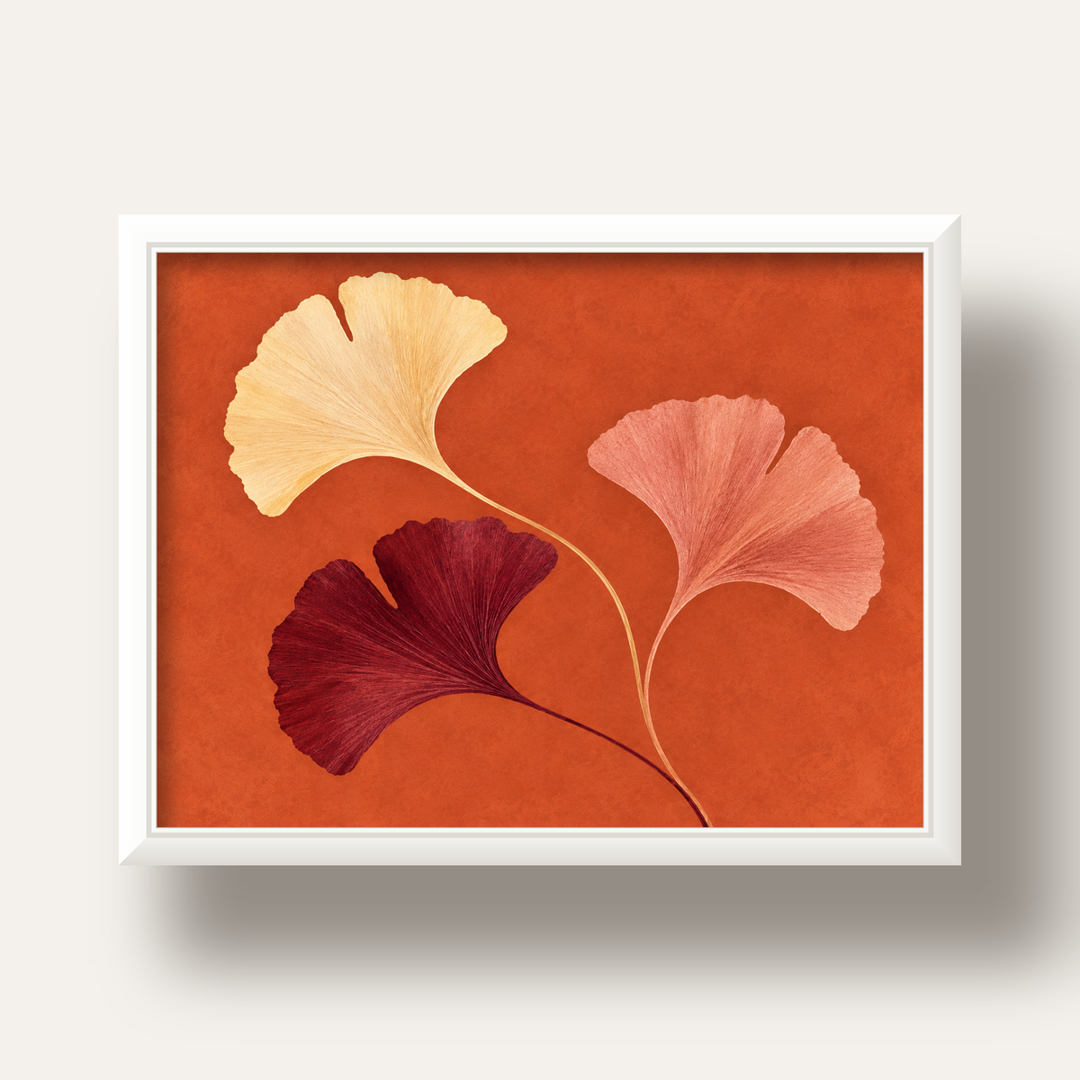 Terracotta Ginkgo Yaprakları Botanik Poster — beyaz derin çerçeveli