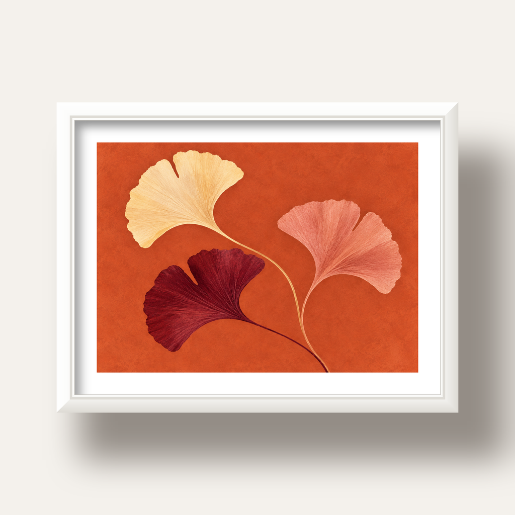 Terracotta Ginkgo Yaprakları Botanik Poster — beyaz derin çerçeveli paspartulu