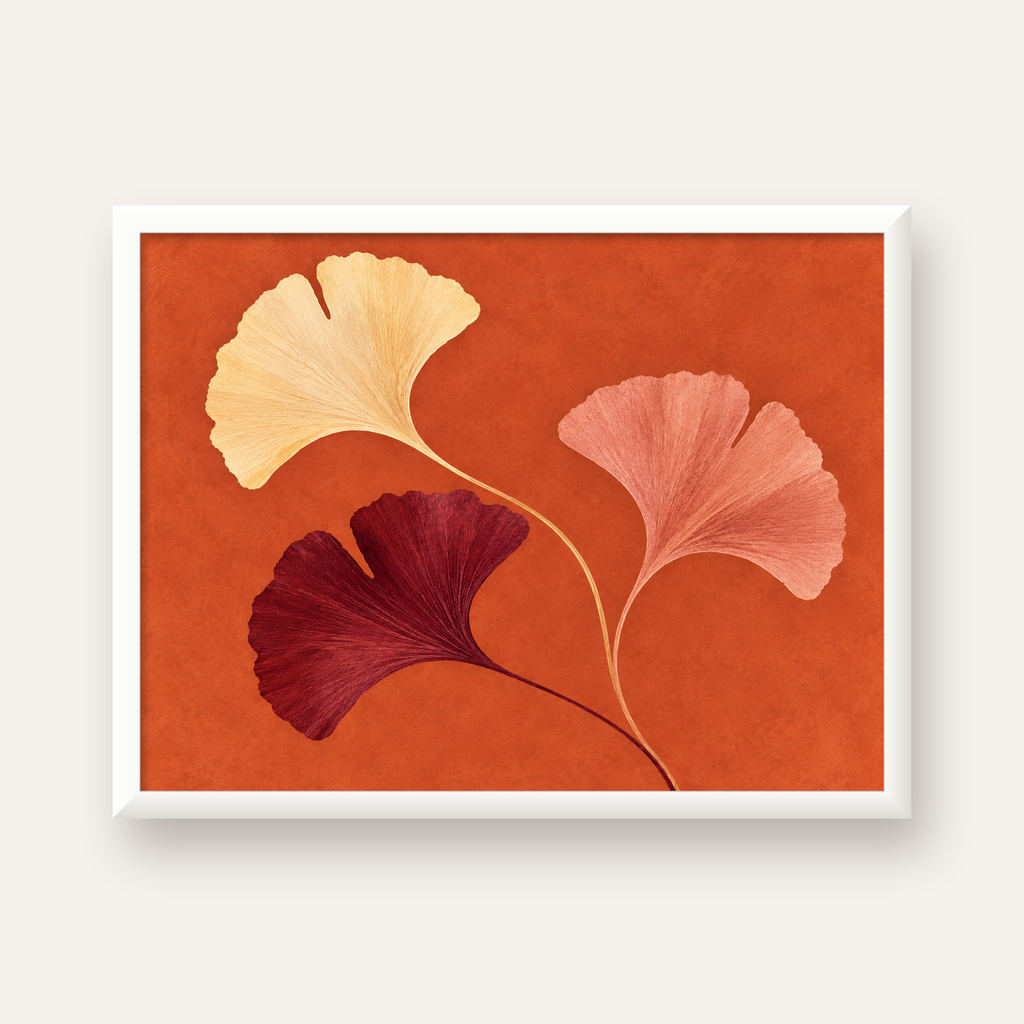 Terracotta Ginkgo Yaprakları Botanik Poster — beyaz çerçeveli yatay poster