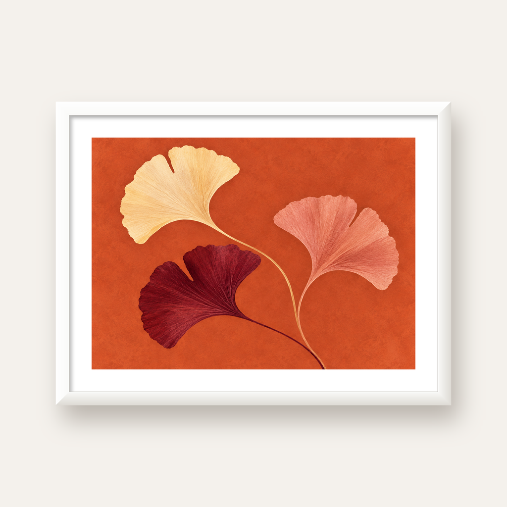 Terracotta Ginkgo Yaprakları Botanik Poster — beyaz çerçeveli yatay poster