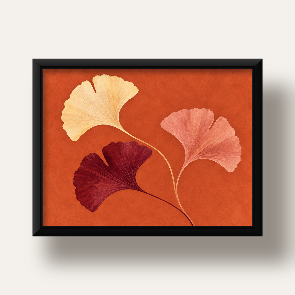 Terracotta Ginkgo Yaprakları Botanik Poster — siyah derin çerçeveli