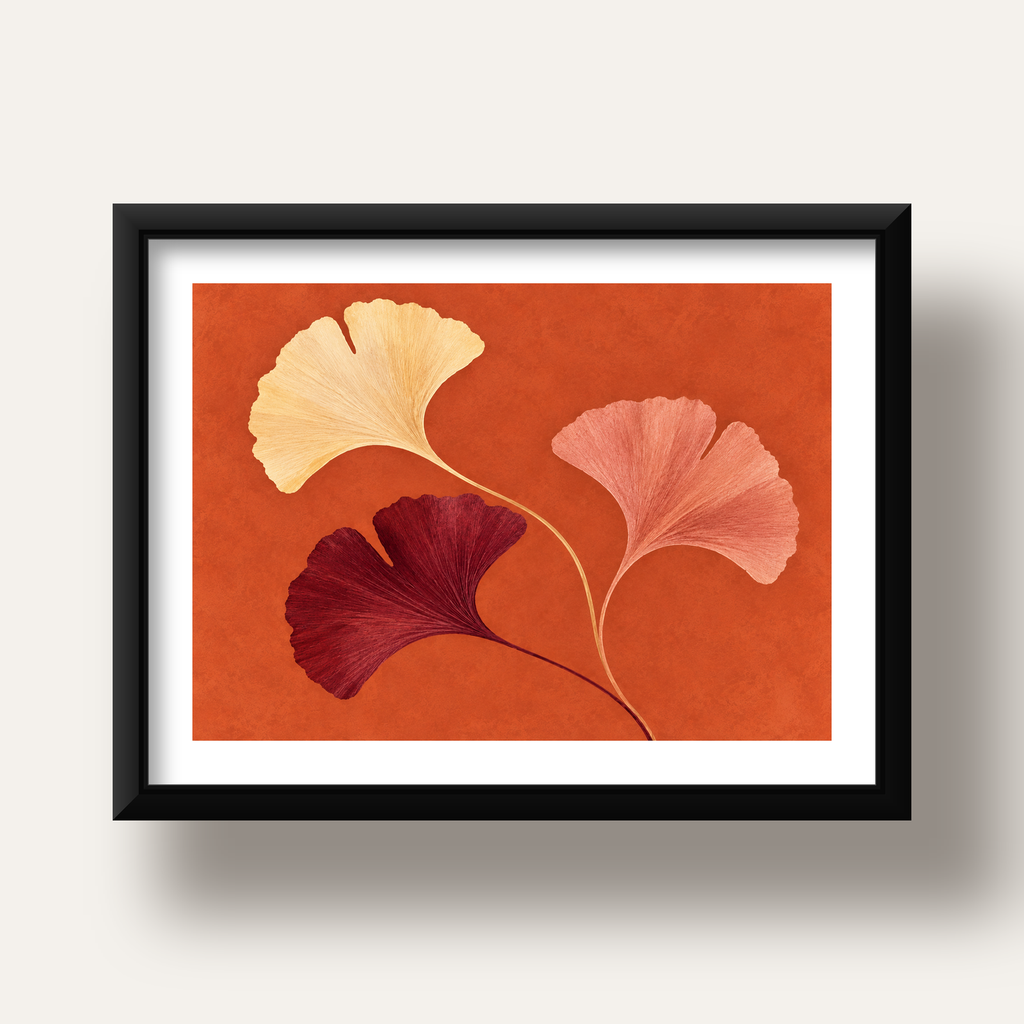 Terracotta Ginkgo Yaprakları Botanik Poster — siyah derin çerçeveli paspartulu