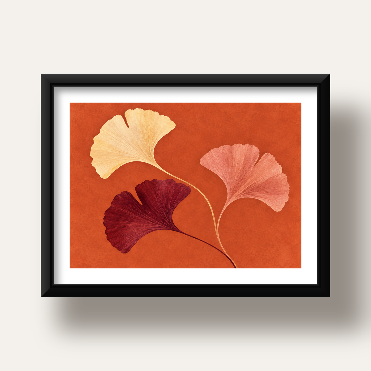 Terracotta Ginkgo Yaprakları Botanik Poster — siyah derin çerçeveli paspartulu