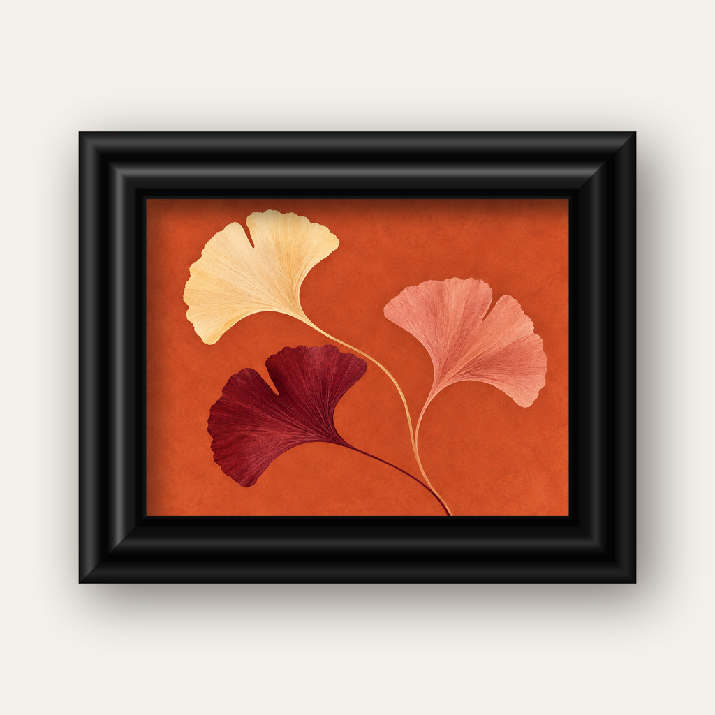 Terracotta Ginkgo Yaprakları Botanik Poster — siyah galeri çerçeveli