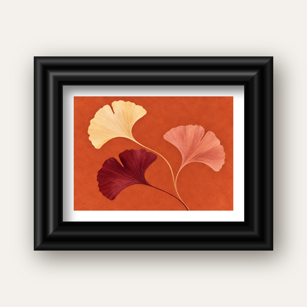 Terracotta Ginkgo Yaprakları Botanik Poster — siyah galeri çerçeveli paspartulu