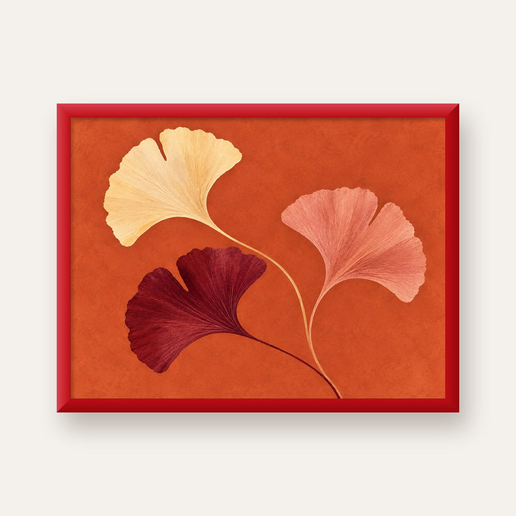 Terracotta Ginkgo Yaprakları Botanik Poster — kırmızı çerçeveli