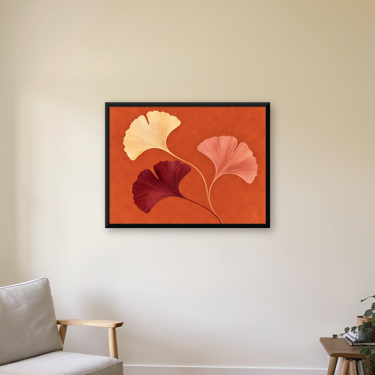 Soyut Gingko Yaprakları Modern Sanat Poster — Yatay baskı, çerçeveli hâliyle bir ev duvarında
