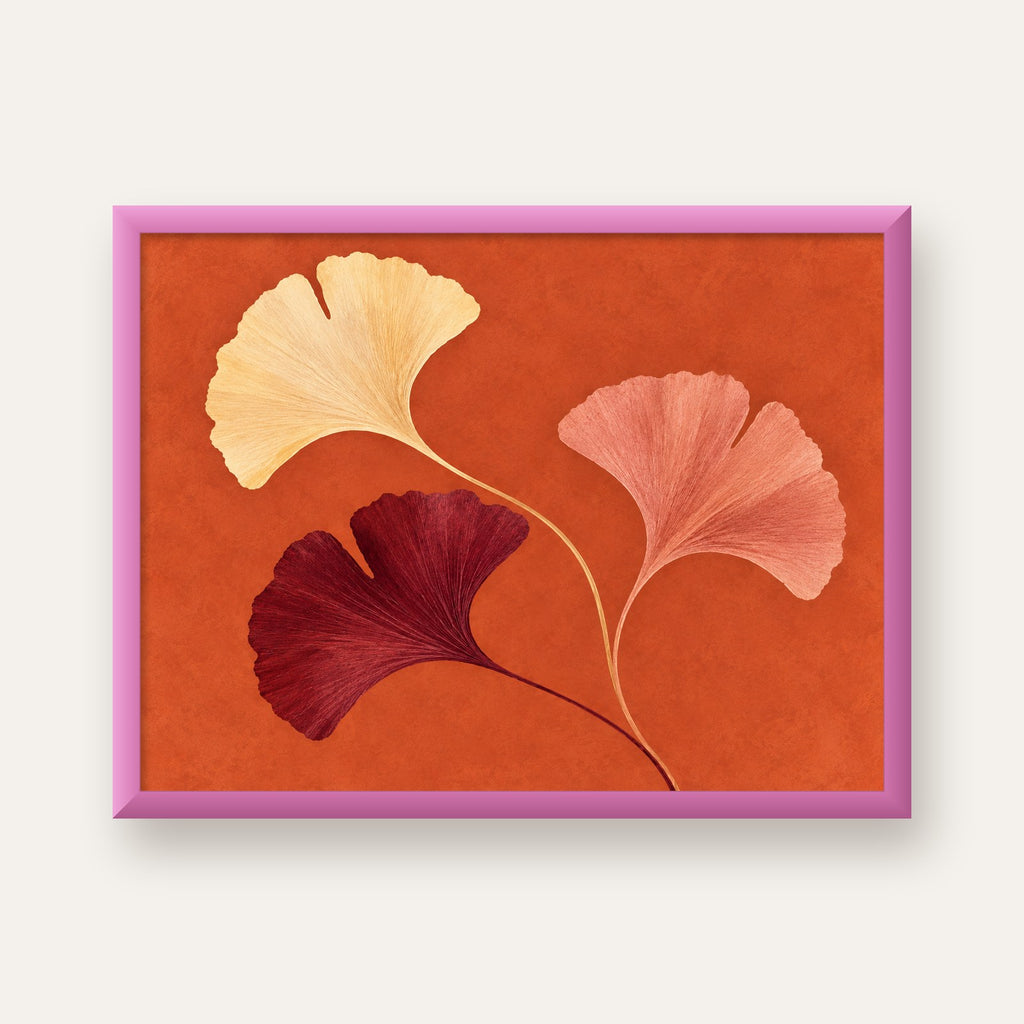 Terracotta Ginkgo Yaprakları Botanik Poster — pembe çerçeveli