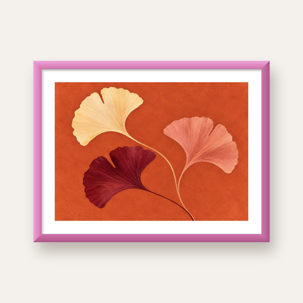 Terracotta Ginkgo Yaprakları Botanik Poster — pembe çerçeveli paspartulu