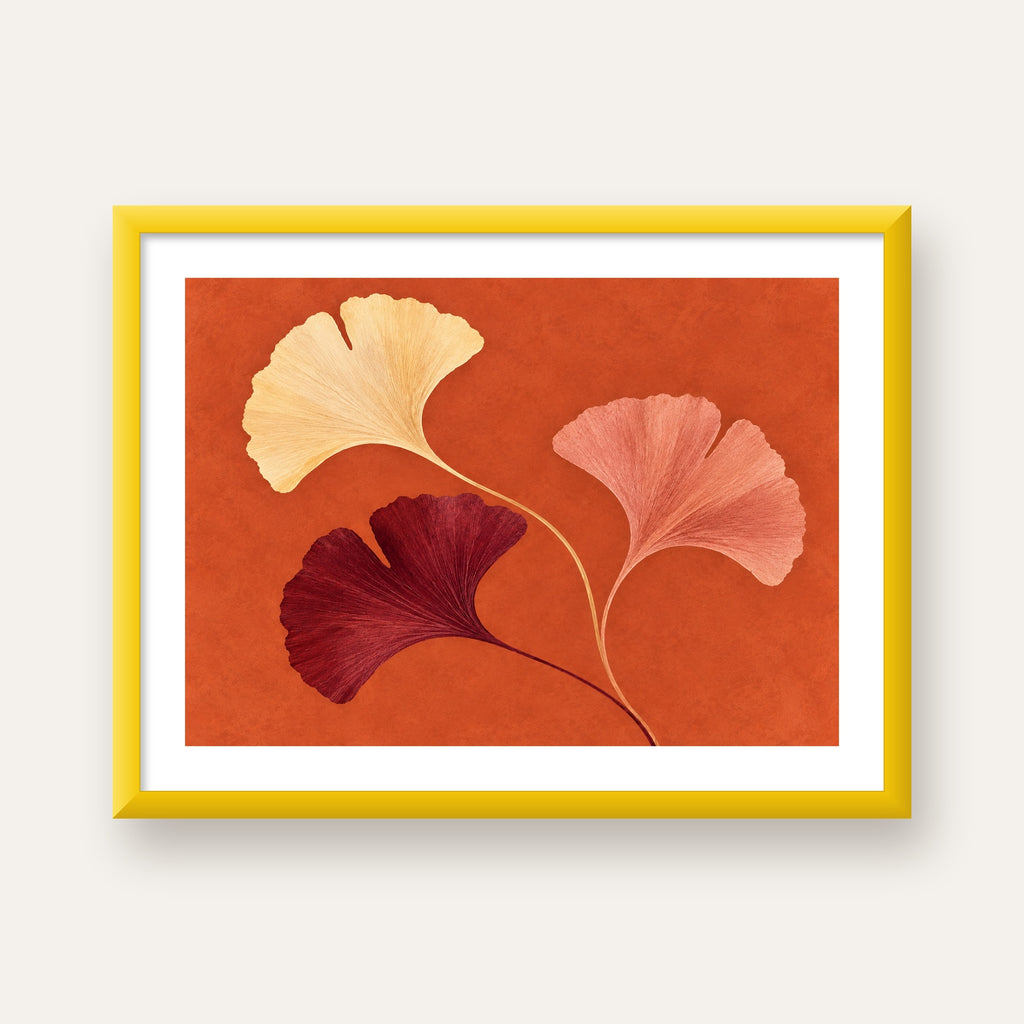 Terracotta Ginkgo Yaprakları Botanik Poster — sarı çerçeveli paspartulu
