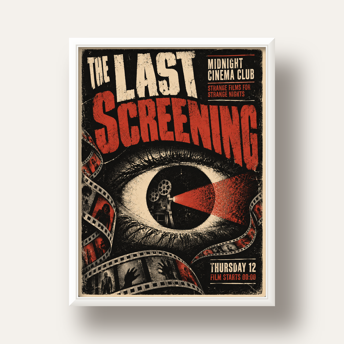 Korku Temalı Retro Sinema Gözü Poster Baskı — beyaz derin çerçeveli