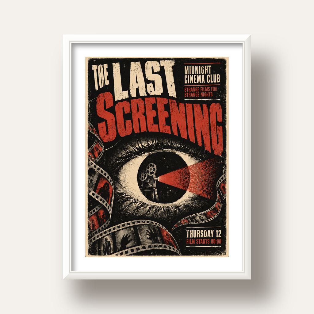 Korku Temalı Retro Sinema Gözü Poster Baskı — beyaz derin çerçeveli paspartulu