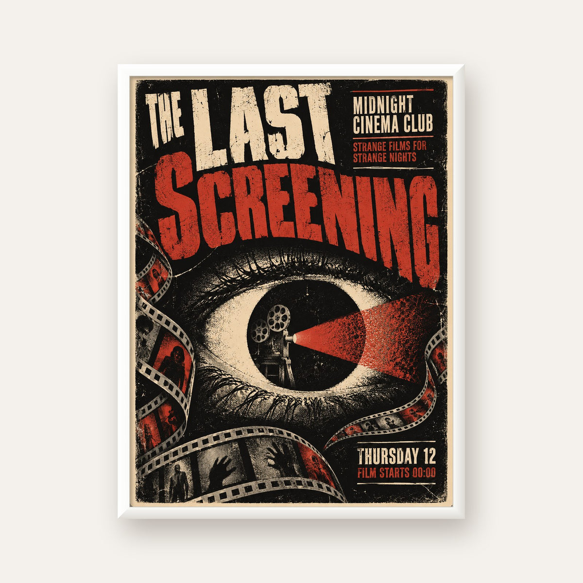 Korku Temalı Retro Sinema Gözü Poster Baskı — beyaz çerçeveli dikey poster
