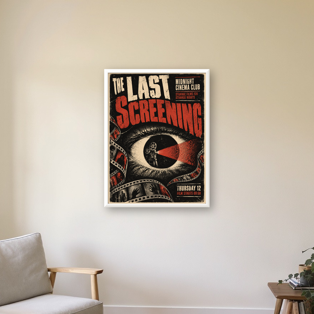 Korku Temalı Retro Sinema Gözü Poster Baskı — beyaz çerçeveli dikey poster