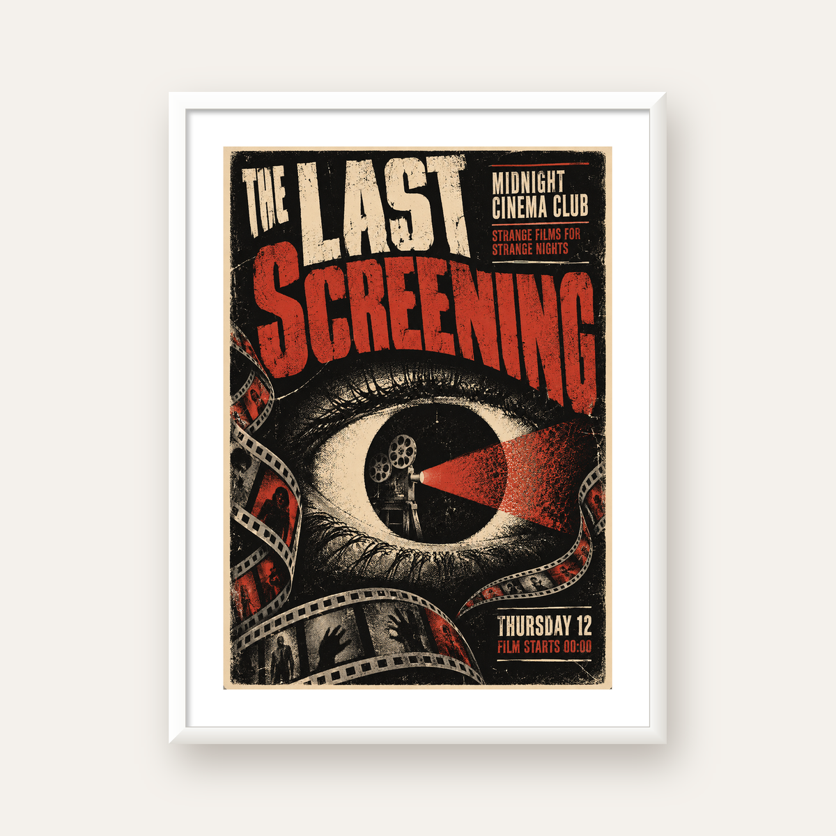 Korku Temalı Retro Sinema Gözü Poster Baskı — beyaz çerçeveli dikey poster