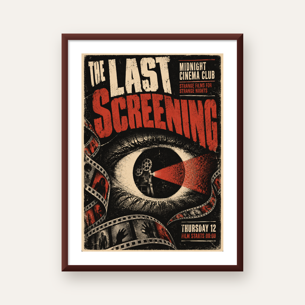 Korku Temalı Retro Sinema Gözü Poster Baskı — ceviz çerçeveli paspartulu