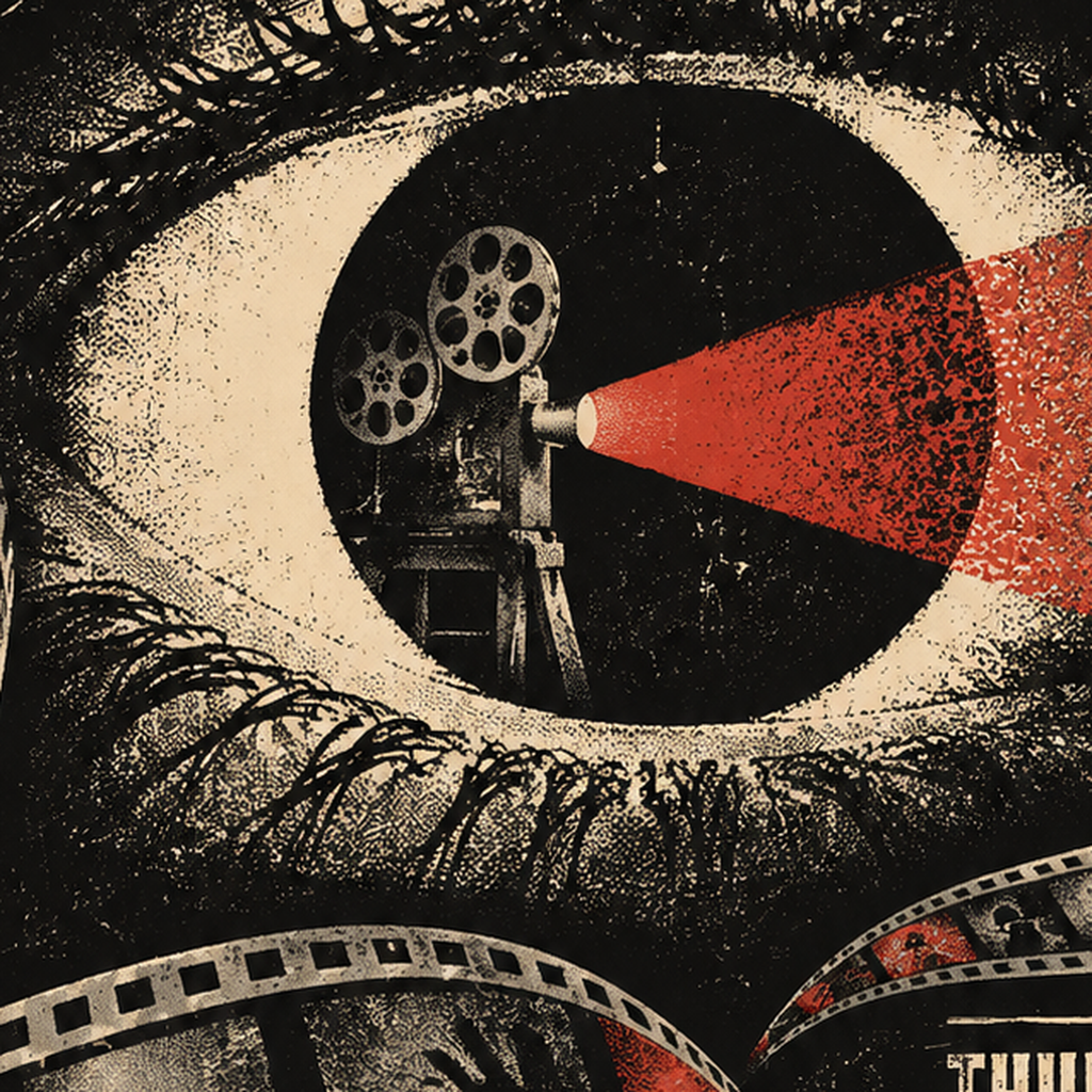 Korku Temalı Retro Sinema Gözü Poster Baskı — baskının yakın çekimi, kâğıt dokusu ve renk detayı