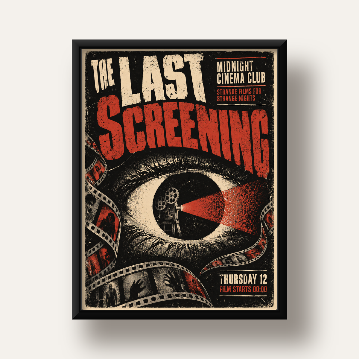 Korku Temalı Retro Sinema Gözü Poster Baskı — siyah derin çerçeveli