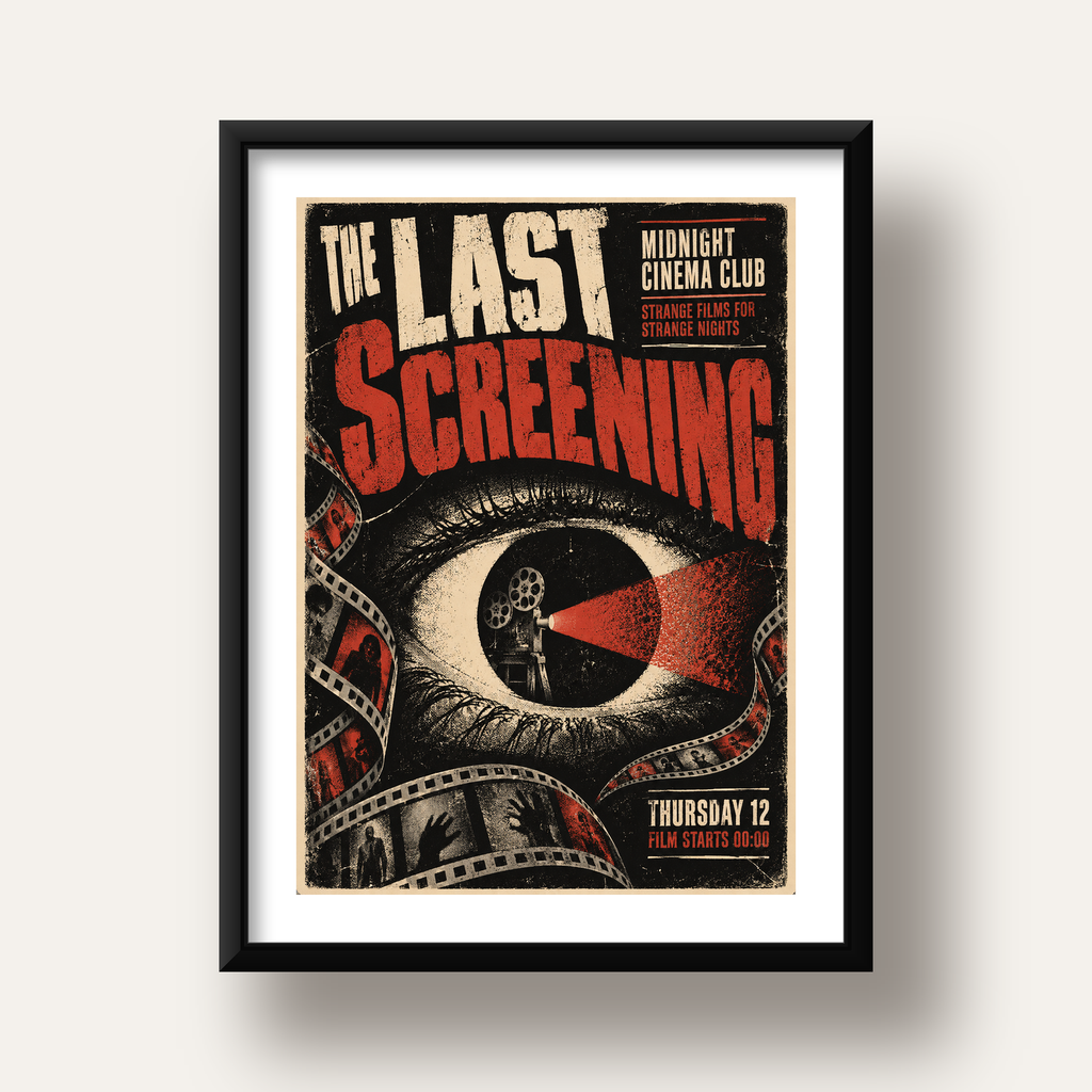 Korku Temalı Retro Sinema Gözü Poster Baskı — siyah derin çerçeveli paspartulu