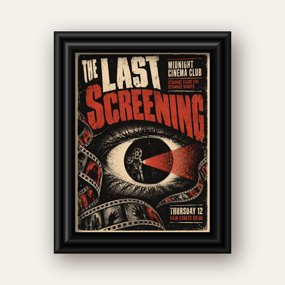 Korku Temalı Retro Sinema Gözü Poster Baskı — siyah galeri çerçeveli