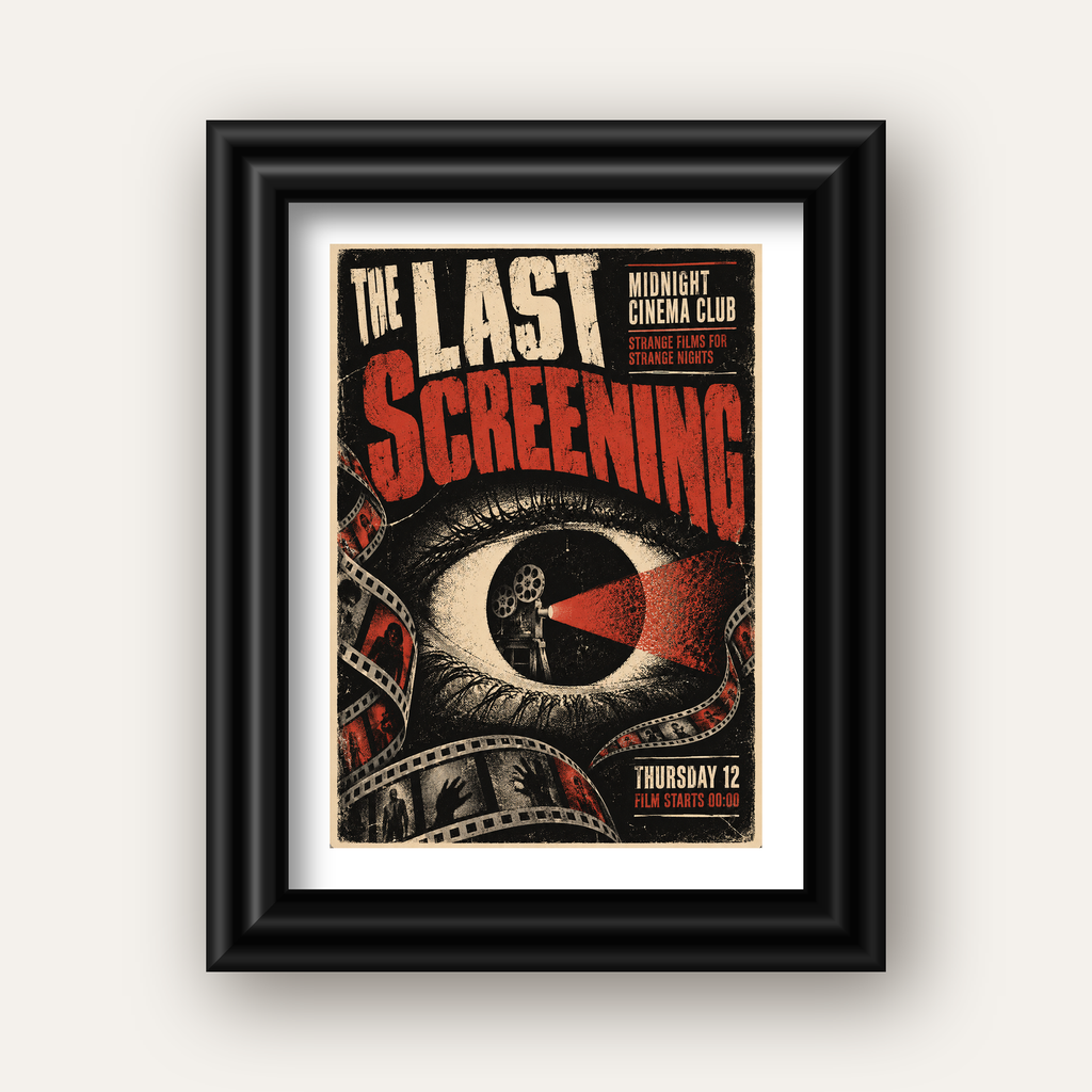 Korku Temalı Retro Sinema Gözü Poster Baskı — siyah galeri çerçeveli paspartulu
