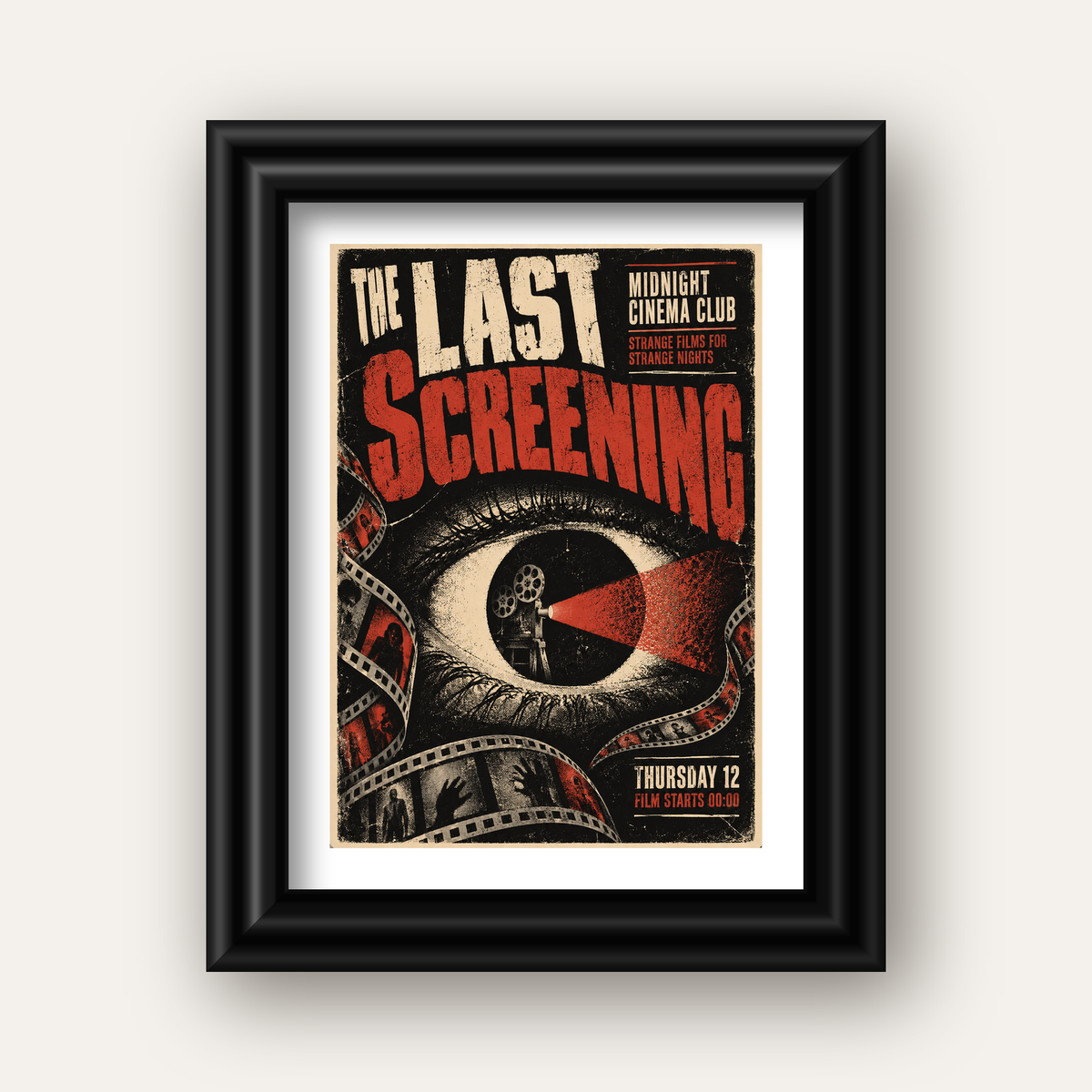 Korku Temalı Retro Sinema Gözü Poster Baskı — siyah galeri çerçeveli paspartulu