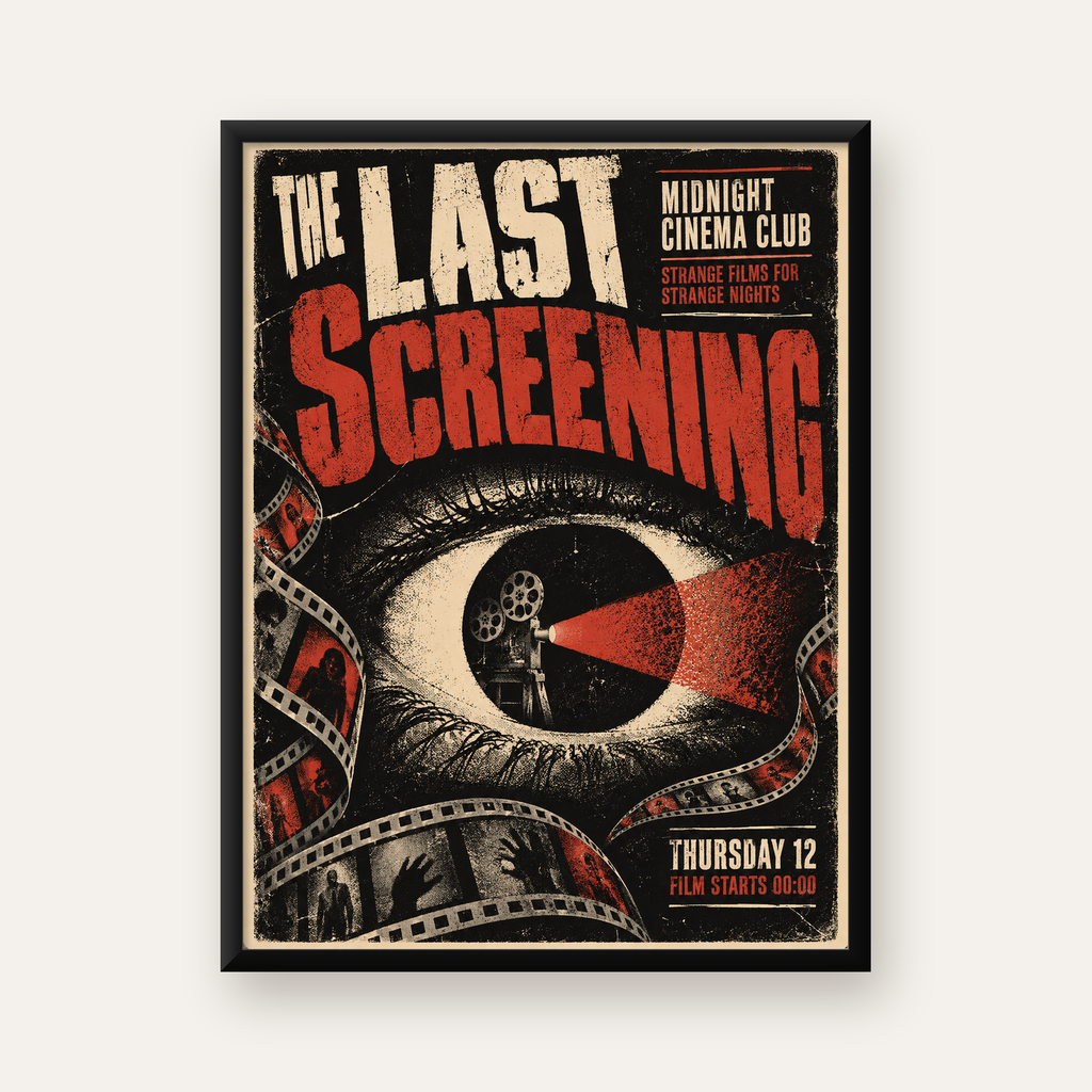 Korku Temalı Retro Sinema Gözü Poster Baskı — Dikey baskı, düz siyah çerçeveli duvar posteri