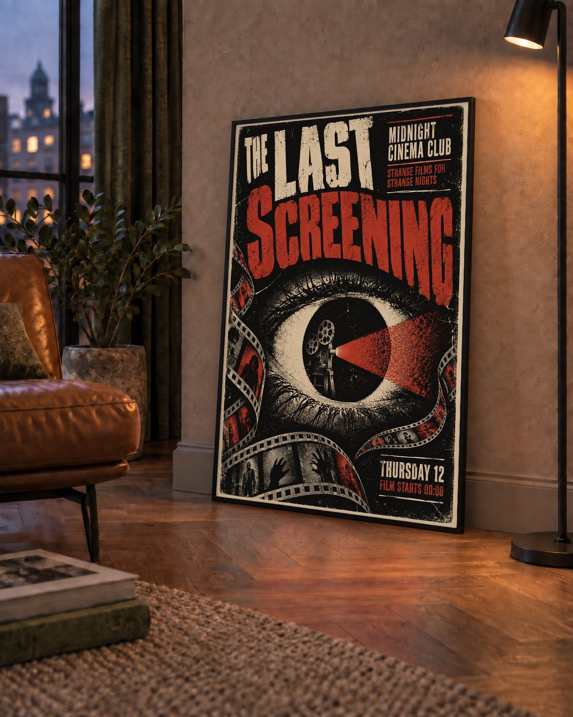 Korku Temalı Retro Sinema Gözü Poster Baskı — çerçeveli hâliyle bir ev duvarında