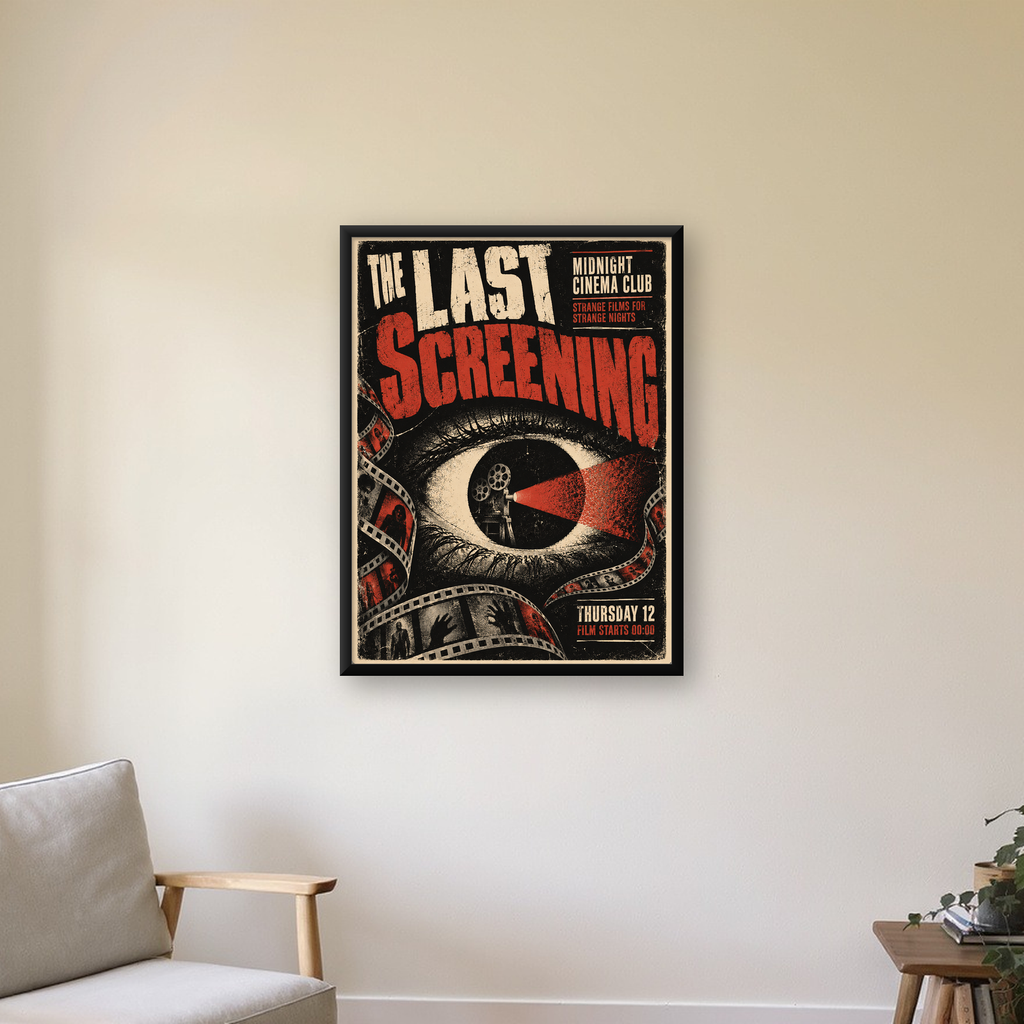 Korku Temalı Retro Sinema Gözü Poster Baskı — Dikey baskı, çerçeveli hâliyle bir ev duvarında