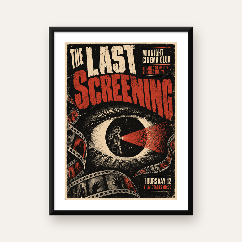 Korku Temalı Retro Sinema Gözü Poster Baskı — Dikey baskı, beyaz paspartulu