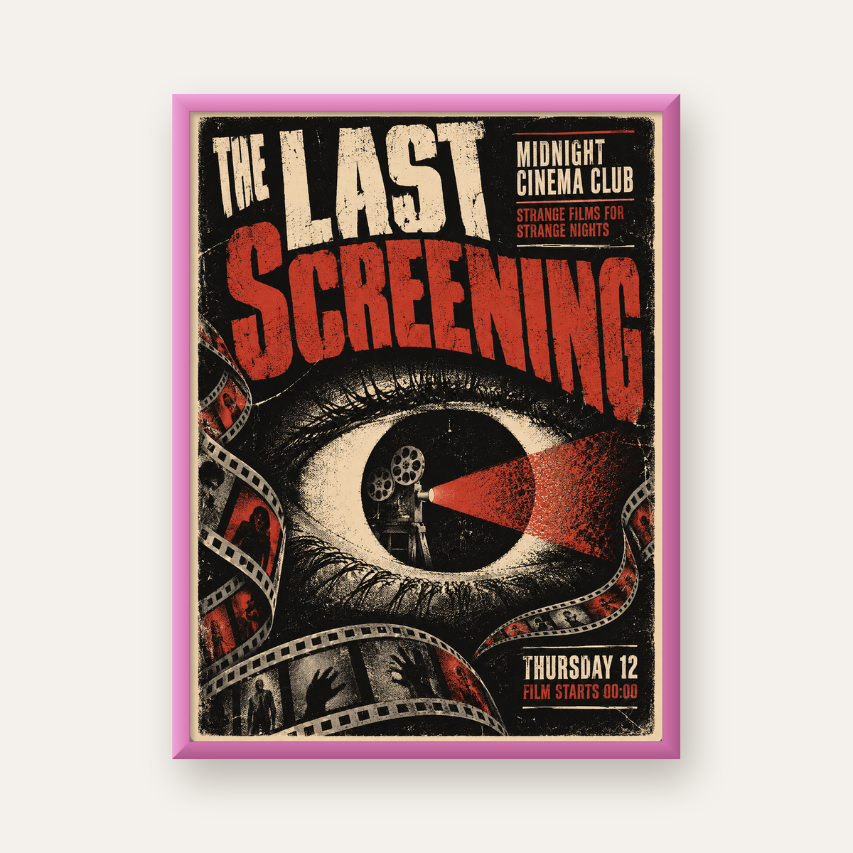 Korku Temalı Retro Sinema Gözü Poster Baskı — pembe çerçeveli