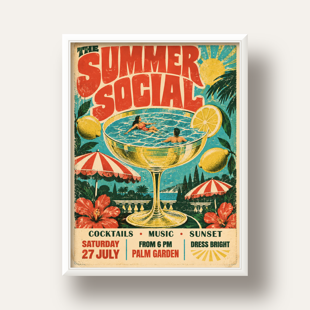 Retro Yaz Havuzu Partisi Poster – Canlı Çizgi Roman Stili — beyaz derin çerçeveli