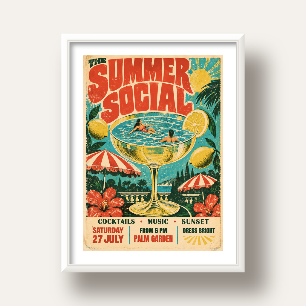 Retro Yaz Havuzu Partisi Poster – Canlı Çizgi Roman Stili — beyaz derin çerçeveli paspartulu