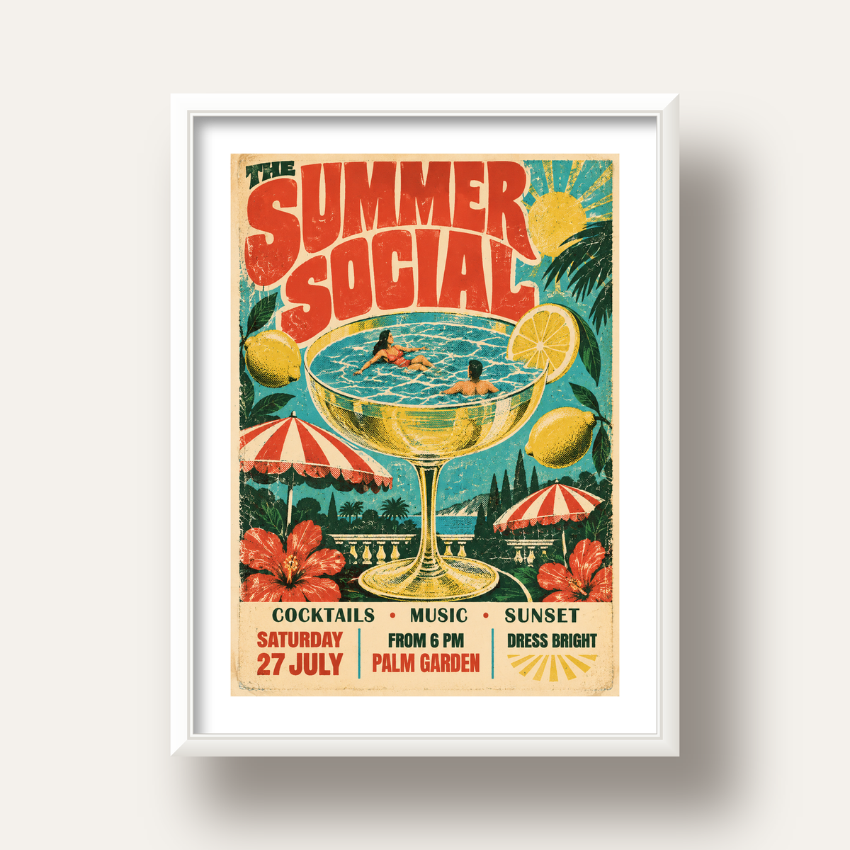 Retro Yaz Havuzu Partisi Poster – Canlı Çizgi Roman Stili — beyaz derin çerçeveli paspartulu
