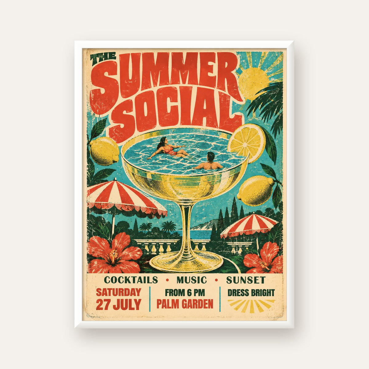 Retro Yaz Havuzu Partisi Poster – Canlı Çizgi Roman Stili — beyaz çerçeveli dikey poster