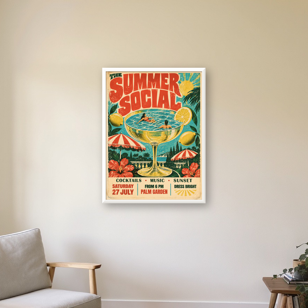 Retro Yaz Havuzu Partisi Poster – Canlı Çizgi Roman Stili — beyaz çerçeveli dikey poster