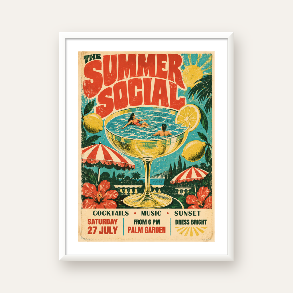 Retro Yaz Havuzu Partisi Poster – Canlı Çizgi Roman Stili — beyaz çerçeveli dikey poster