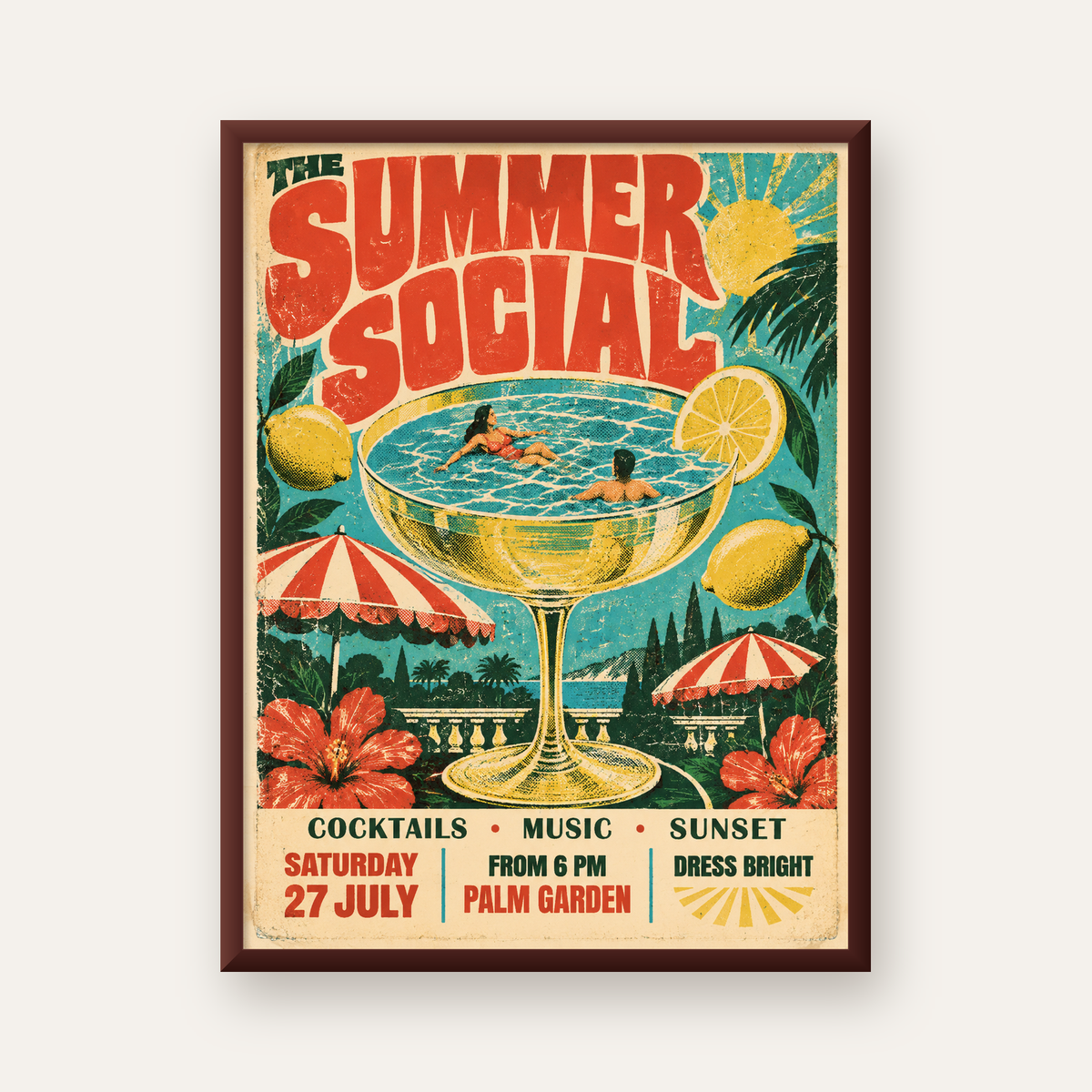 Retro Yaz Havuzu Partisi Poster – Canlı Çizgi Roman Stili — ceviz çerçeveli