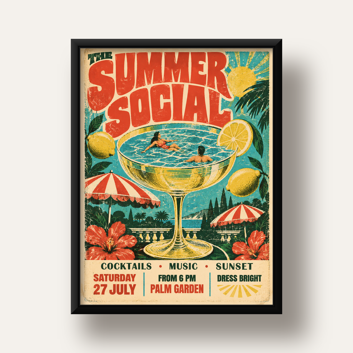 Retro Yaz Havuzu Partisi Poster – Canlı Çizgi Roman Stili — siyah derin çerçeveli