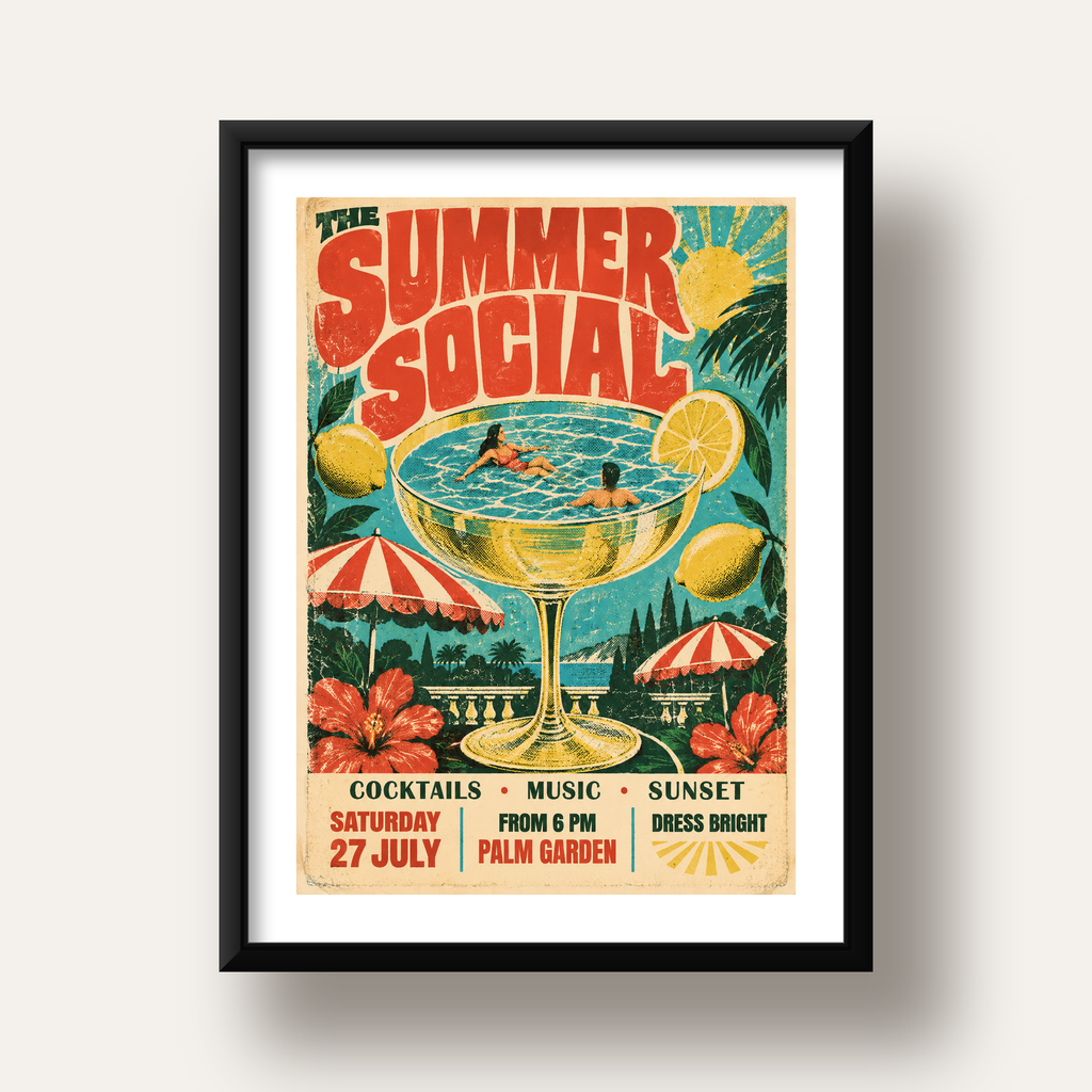 Retro Yaz Havuzu Partisi Poster – Canlı Çizgi Roman Stili — siyah derin çerçeveli paspartulu
