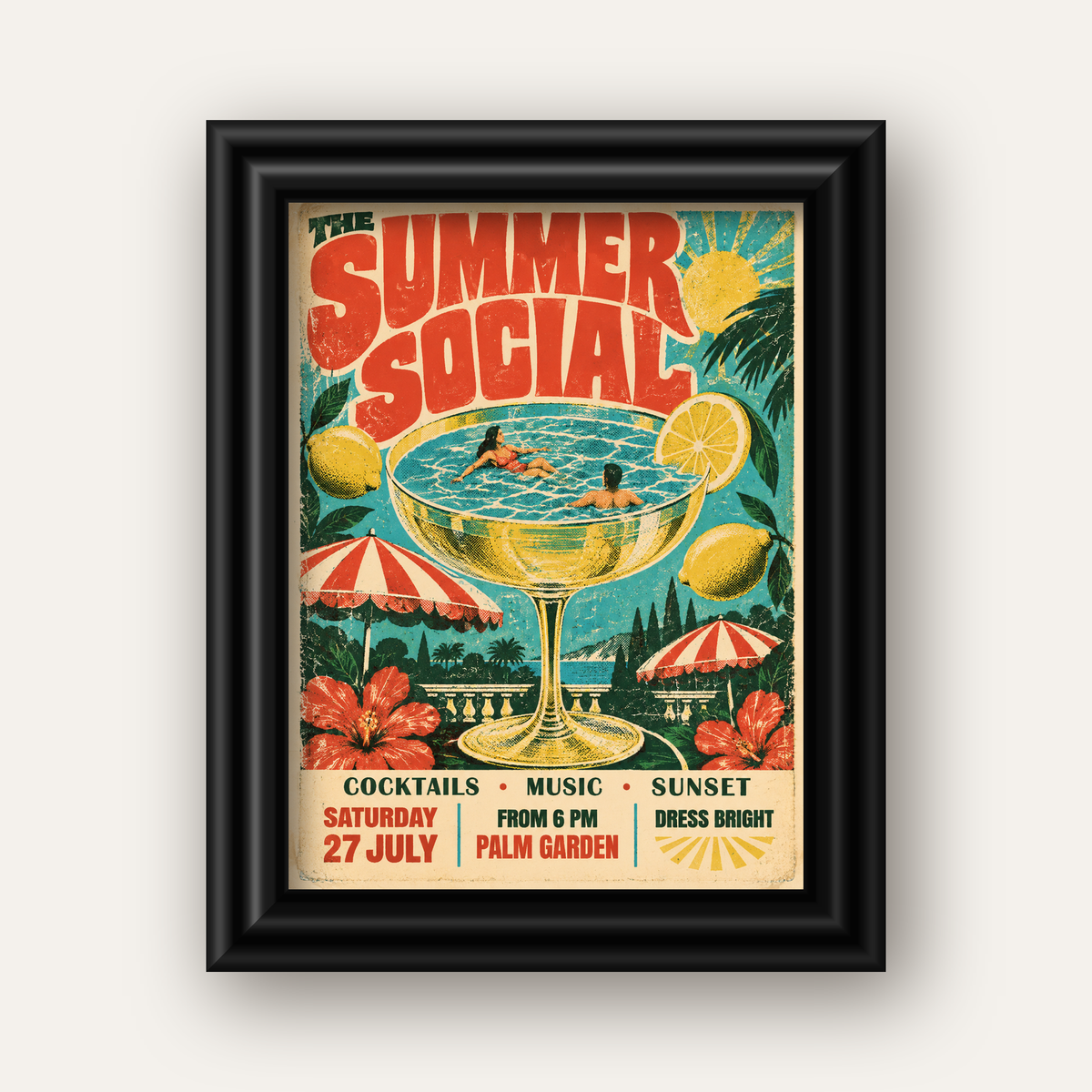 Retro Yaz Havuzu Partisi Poster – Canlı Çizgi Roman Stili — siyah galeri çerçeveli