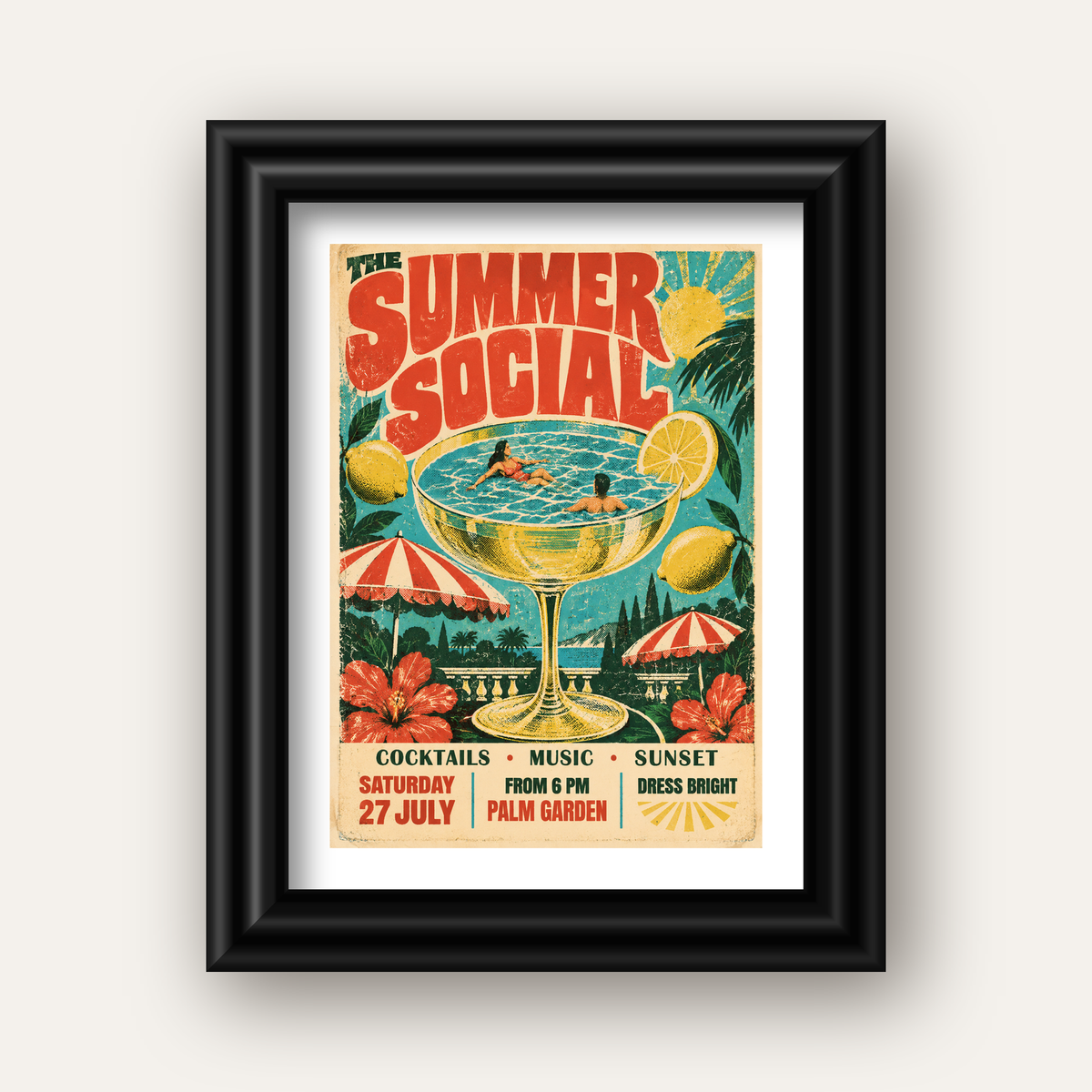 Retro Yaz Havuzu Partisi Poster – Canlı Çizgi Roman Stili — siyah galeri çerçeveli paspartulu