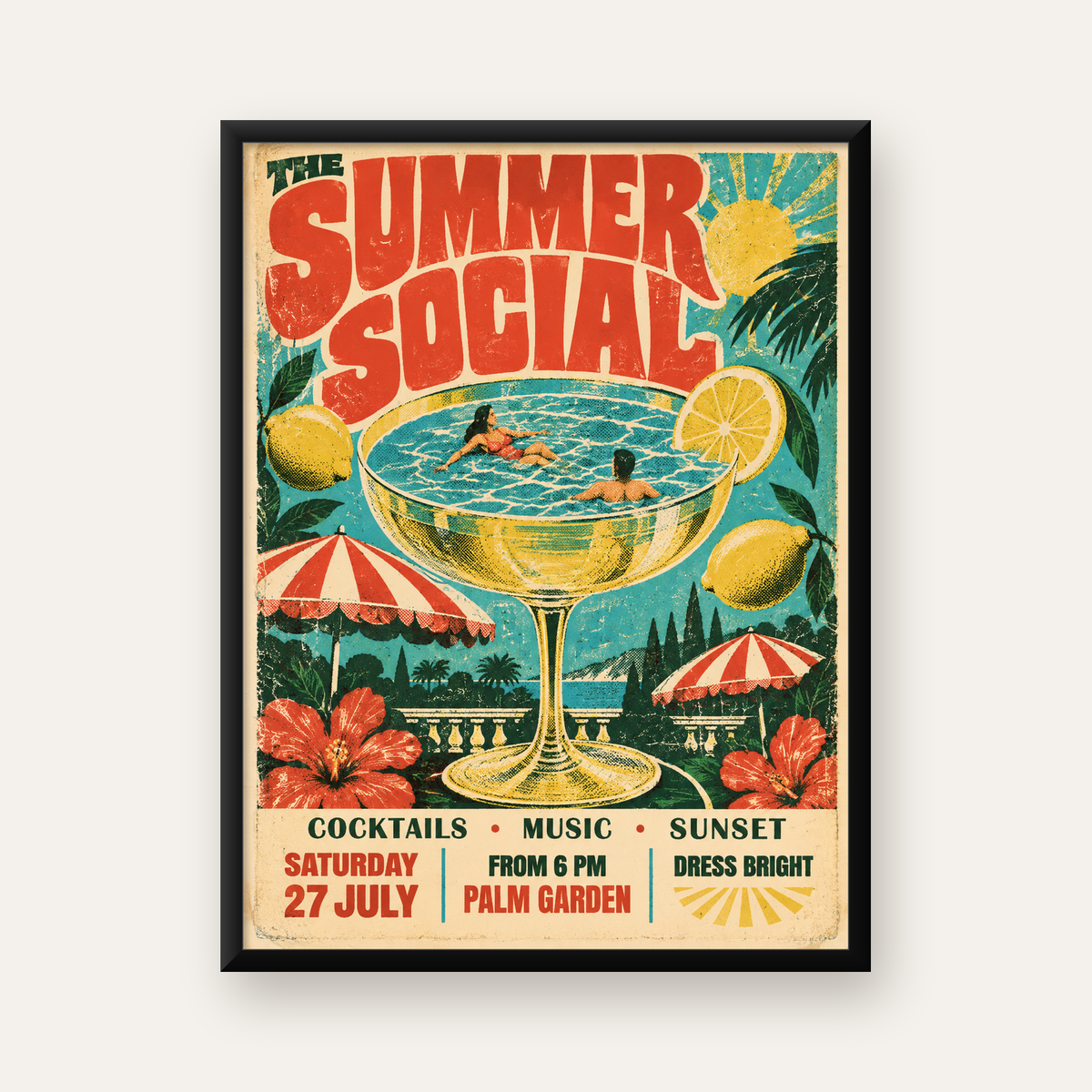 Retro Yaz Havuzu Partisi Poster – Canlı Çizgi Roman Stili — Dikey baskı, düz siyah çerçeveli duvar posteri