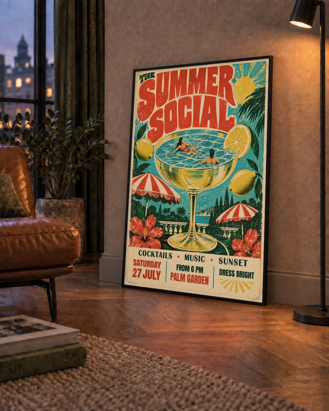 Retro Yaz Havuzu Partisi Poster – Canlı Çizgi Roman Stili — çerçeveli hâliyle bir ev duvarında
