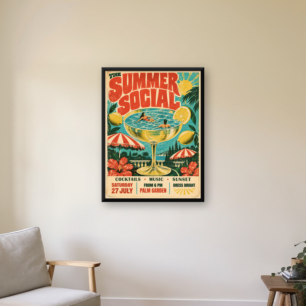 Retro Yaz Havuzu Partisi Poster – Canlı Çizgi Roman Stili — Dikey baskı, çerçeveli hâliyle bir ev duvarında