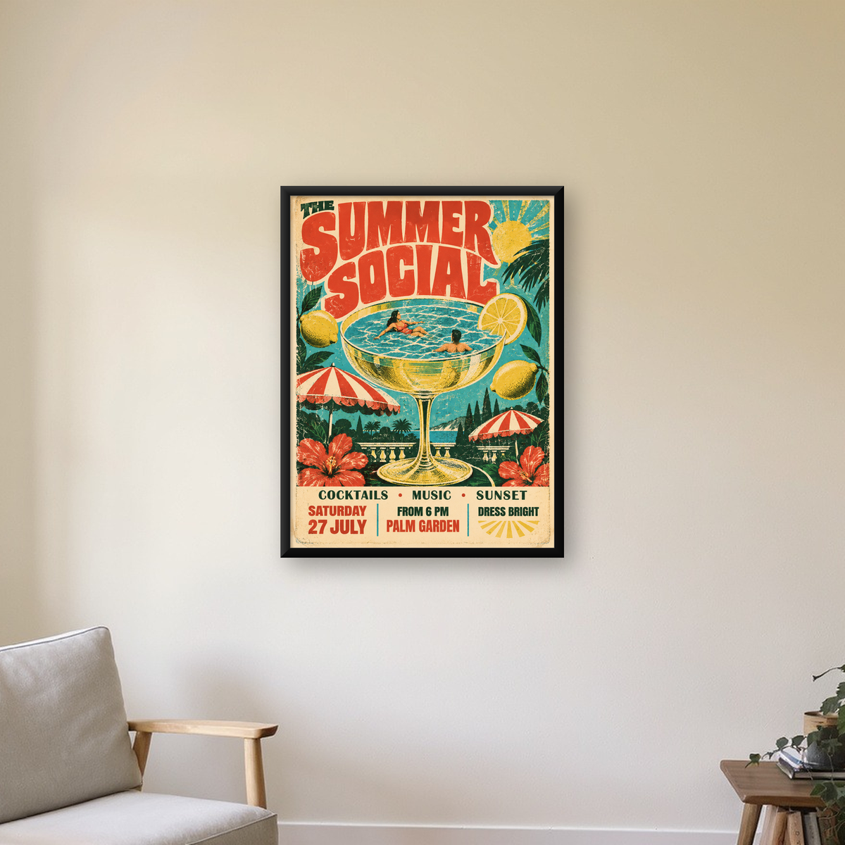 Retro Yaz Havuzu Partisi Poster – Canlı Çizgi Roman Stili — Dikey baskı, çerçeveli hâliyle bir ev duvarında