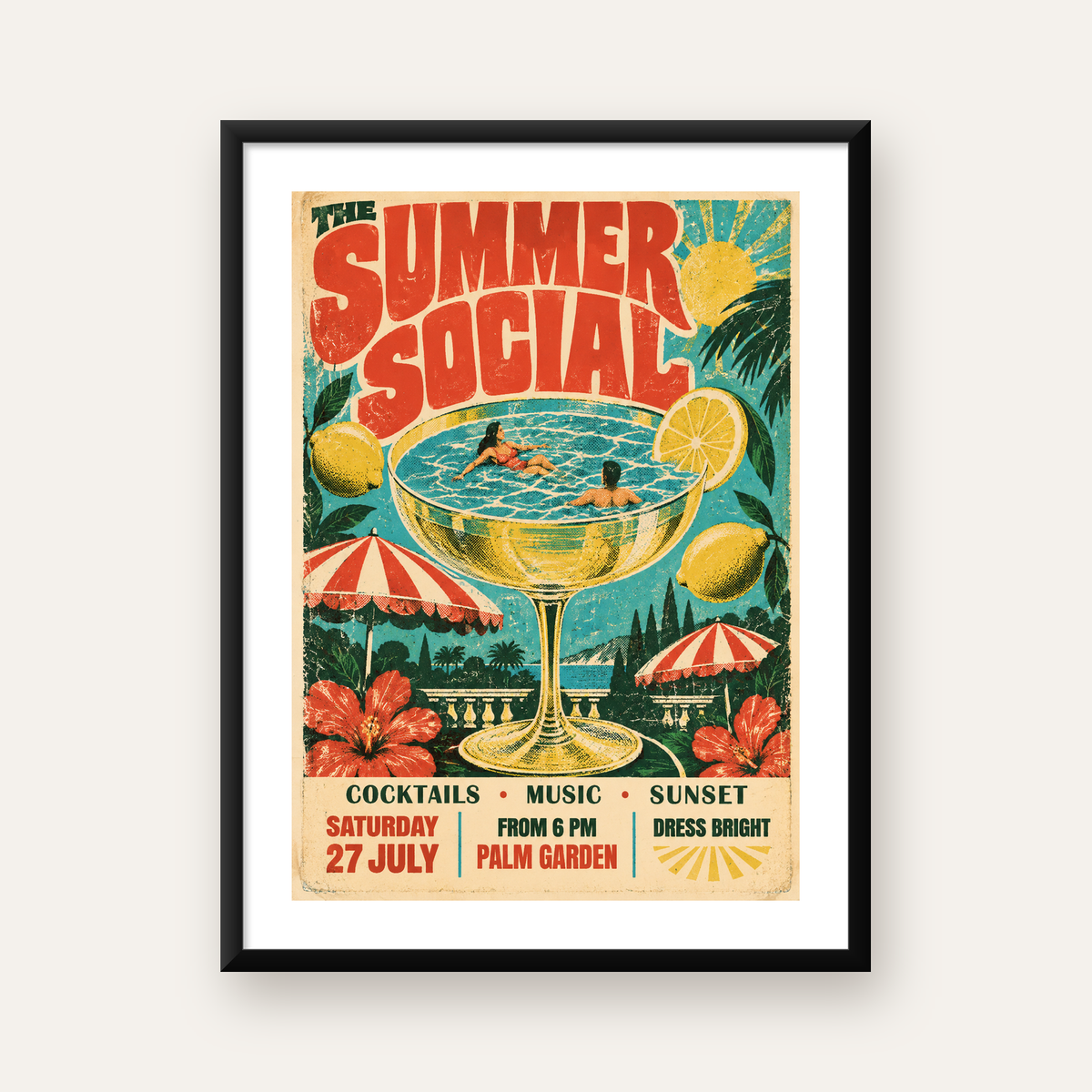 Retro Yaz Havuzu Partisi Poster – Canlı Çizgi Roman Stili — Dikey baskı, beyaz paspartulu